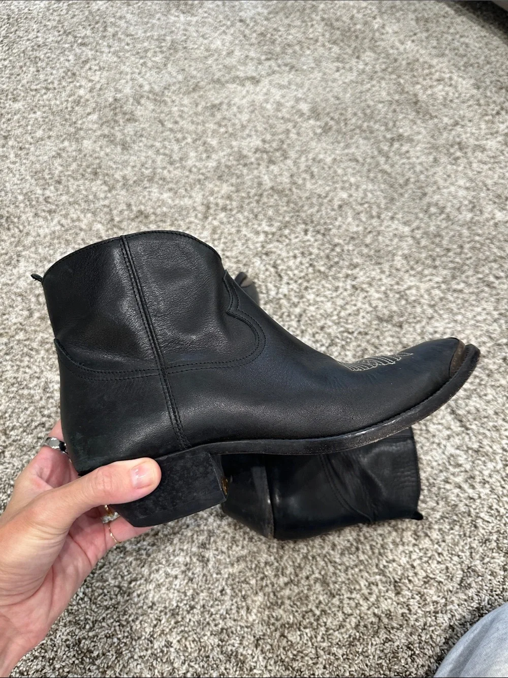 Golden Goose Black Leather Ankle Booties with Contrast Stitching. Size 39